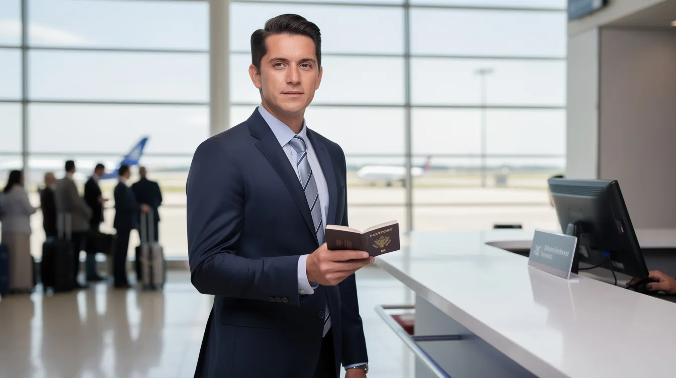 A professional in business attire stands at an airport check-in counter, presenting a valid passport, which is essential for international flights. This scene captures a key moment in the flight attendant hiring process, highlighting the importance of a professional appearance and preparedness for travel.