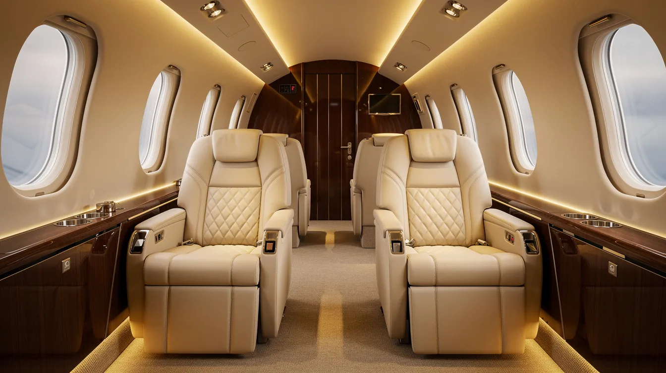 The image depicts a luxurious private jet cabin featuring cream leather seats and warm ambient lighting, creating an inviting atmosphere for passengers. This elegant setting highlights the premium service that flight attendants provide, ensuring a comfortable and safe experience during international flights.