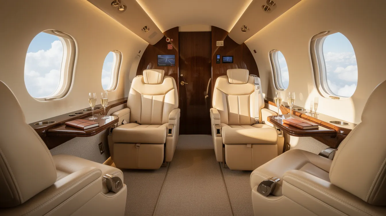 The image depicts the luxurious interior of a Bombardier Global Express private jet cabin, featuring cream leather club seats, elegant wood paneling, and large oval windows that reveal a view of fluffy clouds outside, emphasizing the comfort and sophistication of business aviation. The spacious cabin is designed for eight passengers, ensuring a smooth ride and high performance during flight.