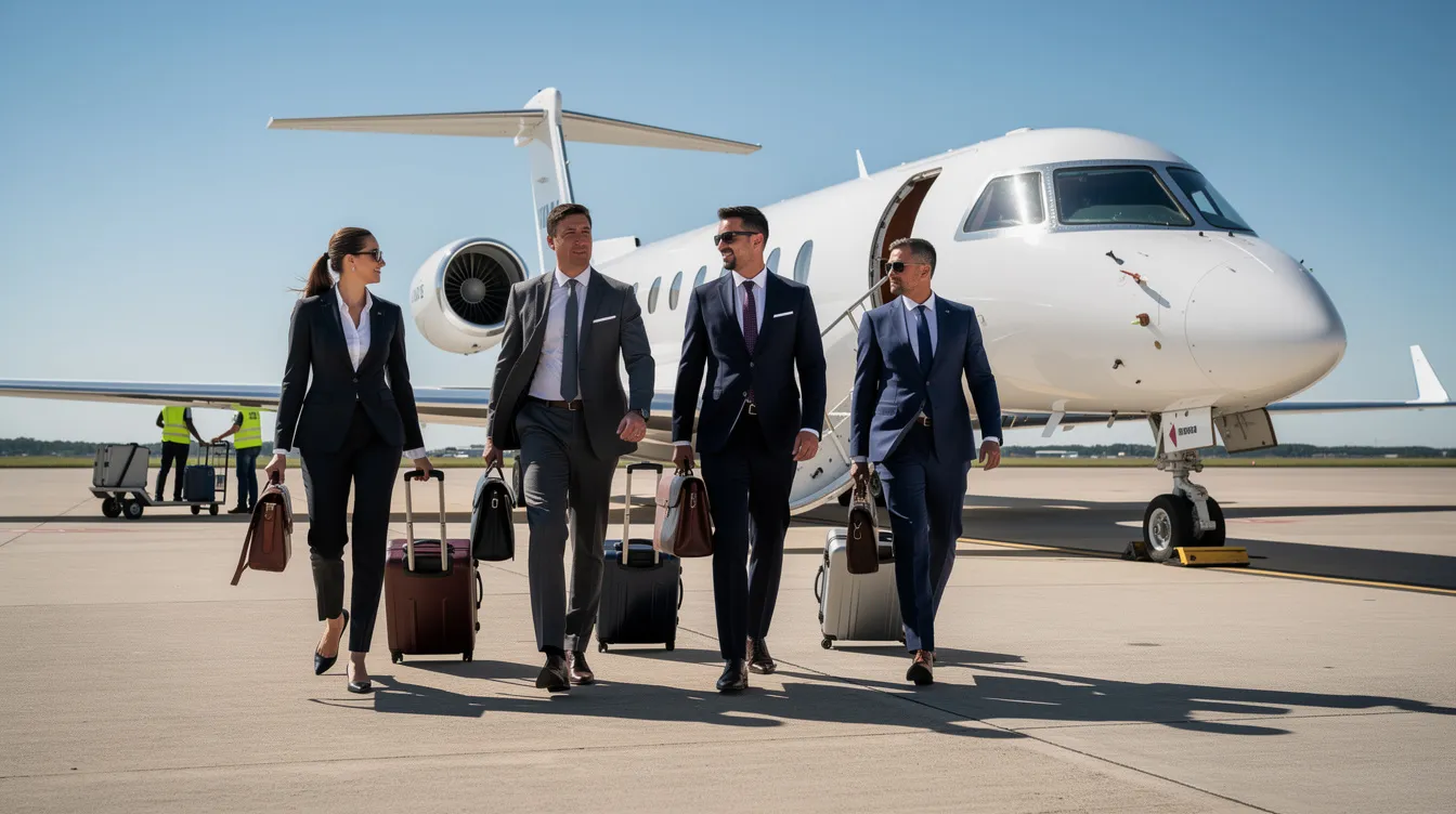 A group of business professionals in suits walks towards a Bombardier Global Express private jet on a sunny tarmac, with luggage being loaded in the background. The scene highlights the elegance of business aviation and the smooth ride offered by the large cabin of the Global Express.