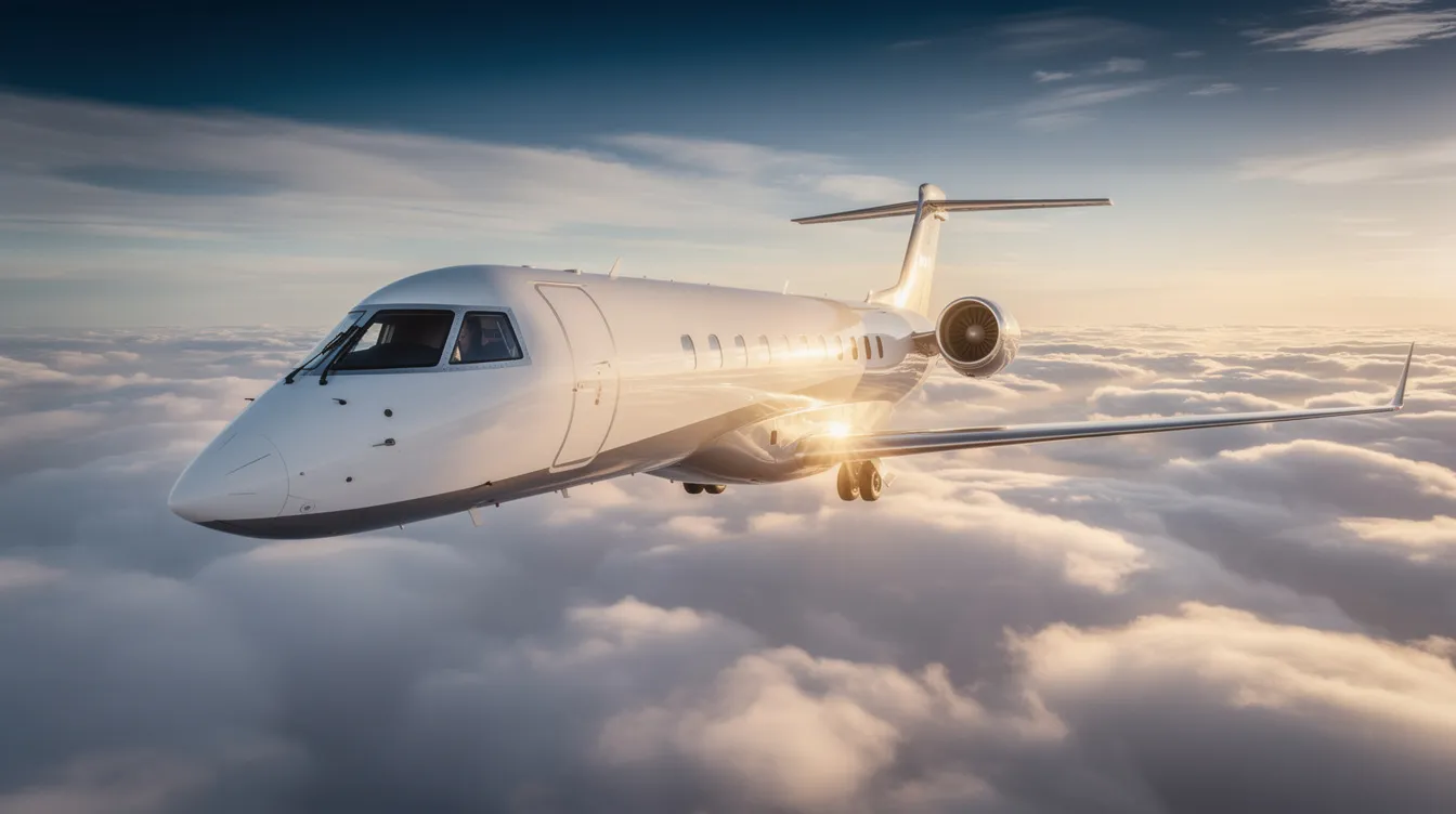 A business jet, specifically a Bombardier Global Express, soars above a fluffy cloud layer, with sunlight glinting off its sleek wings. The aircraft represents the pinnacle of business aviation, designed for a smooth ride and equipped with advanced features like the Bombardier Vision Flight Deck.