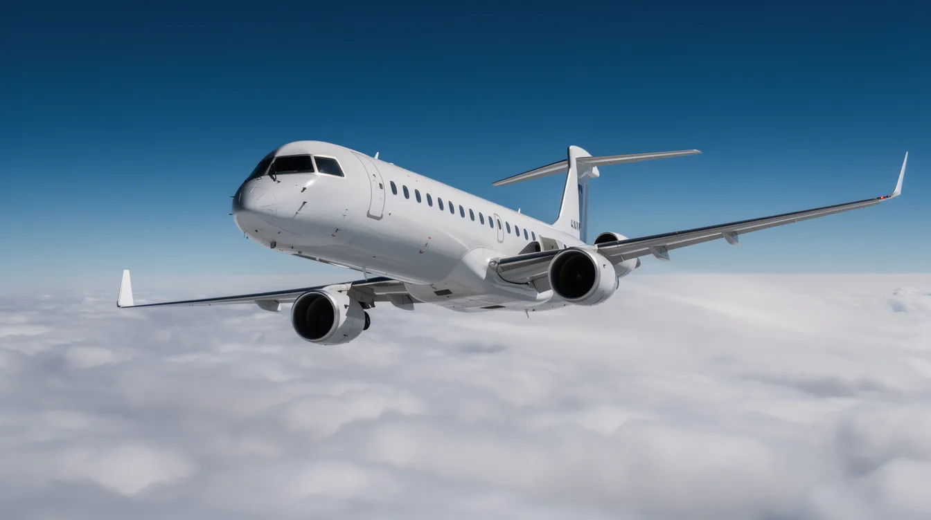A twin-engine Embraer ERJ 145 regional jet is soaring through a clear blue sky, with fluffy white clouds visible below. This aircraft, commonly used for regional routes, showcases its sleek fuselage and impressive wing span, highlighting its capabilities in commercial service.