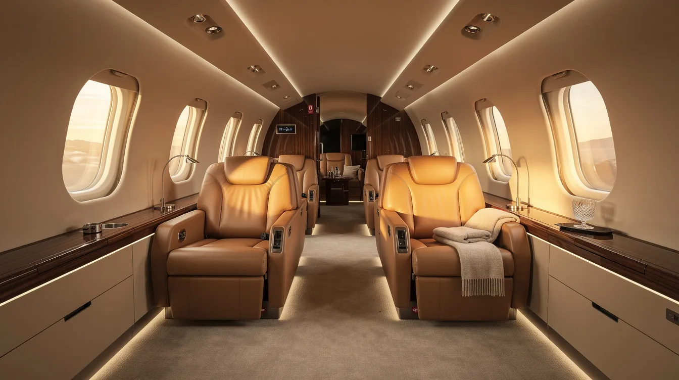 The image depicts the interior of a private aircraft cabin featuring luxurious leather club seating and warm ambient lighting, creating a comfortable and inviting atmosphere for passengers. This well-designed space is equipped with power outlets and Wi-Fi, enhancing the travel experience for those on board the Embraer ERJ 145.
