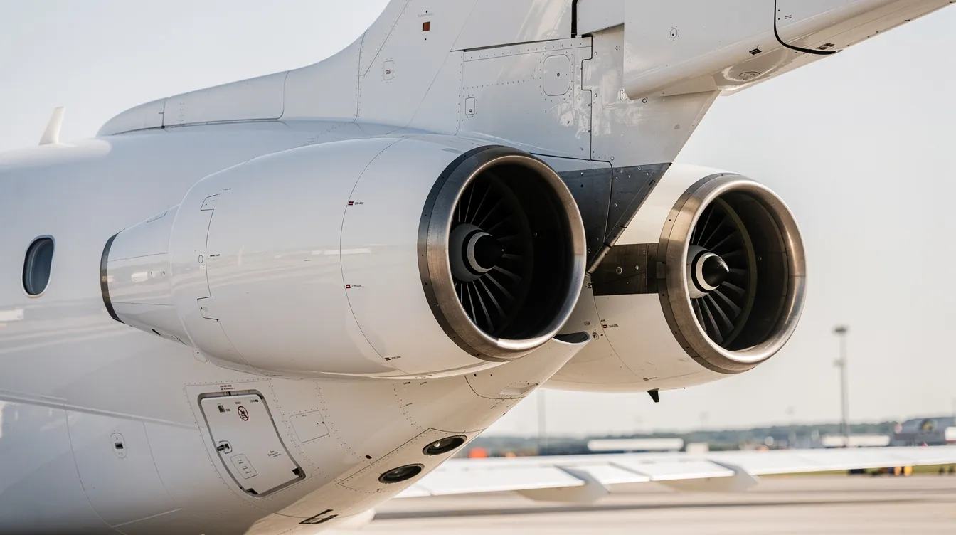 The image shows a close-up view of a twin turbofan engine mounted on the rear fuselage of a regional aircraft, specifically the Embraer ERJ 145, which is widely used in commercial service for regional routes. The detailed structure highlights the engine's engineering and design, essential for its operational history and capabilities in the aviation market.