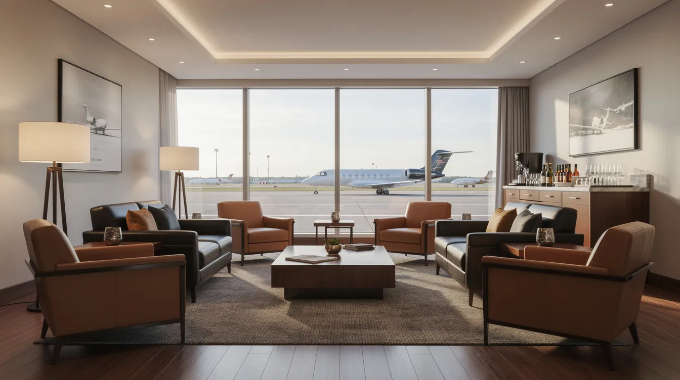 The image depicts the interior of a small private aviation lounge featuring plush leather seating and expansive floor-to-ceiling windows that provide a view of a runway, creating a serene atmosphere for passengers waiting for their flights. This comfortable space is designed for travelers flying private, offering a great experience with easy access to private terminals.