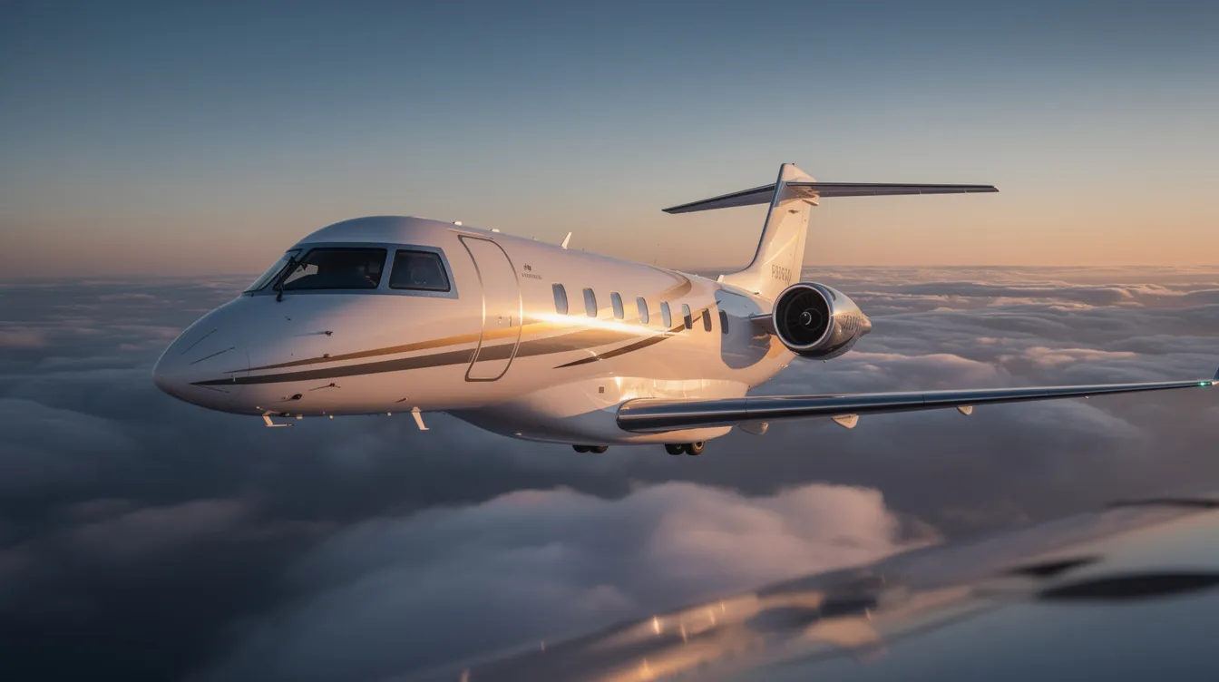 A sleek midsize private jet soars gracefully above fluffy clouds during the golden hour, showcasing the elegance of flying private. The warm hues of the sunset reflect off the aircraft, creating a stunning backdrop for travelers enjoying a great experience in the sky.