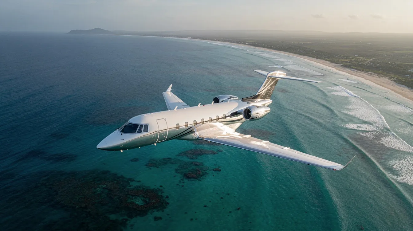 An aerial view captures a sleek private jet soaring above a stunning turquoise coastline, highlighting the elegance of executive aviation. This image reflects the innovation and engineering excellence associated with Embraer executive jets, a leader in the global aerospace industry.
