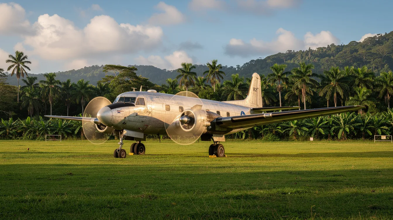 A vintage turboprop aircraft is parked on a lush green airfield, surrounded by vibrant tropical vegetation, showcasing a blend of classic design and the beauty of nature. This scene reflects the essence of commercial aviation and the rich history of aircraft development in the aerospace industry.