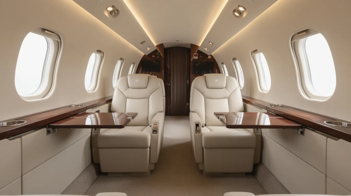 The image depicts the interior of a modern midsize private jet cabin, featuring cream leather seats and warm ambient lighting, embodying the essence of luxury in executive aviation. This elegant space reflects the innovation and engineering excellence characteristic of Embraer executive jets, designed for comfort and efficiency in business aviation.