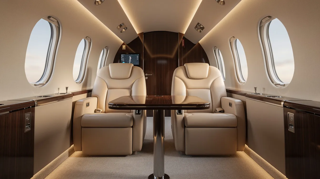 The image depicts the interior of a modern private jet cabin, featuring leather club seats arranged to face each other, providing a spacious cabin suited for premium comfort. Large oval windows allow natural light to flood the space, enhancing the travel efficiency and overall experience of this next generation business jet from the Honda Aircraft Company.
