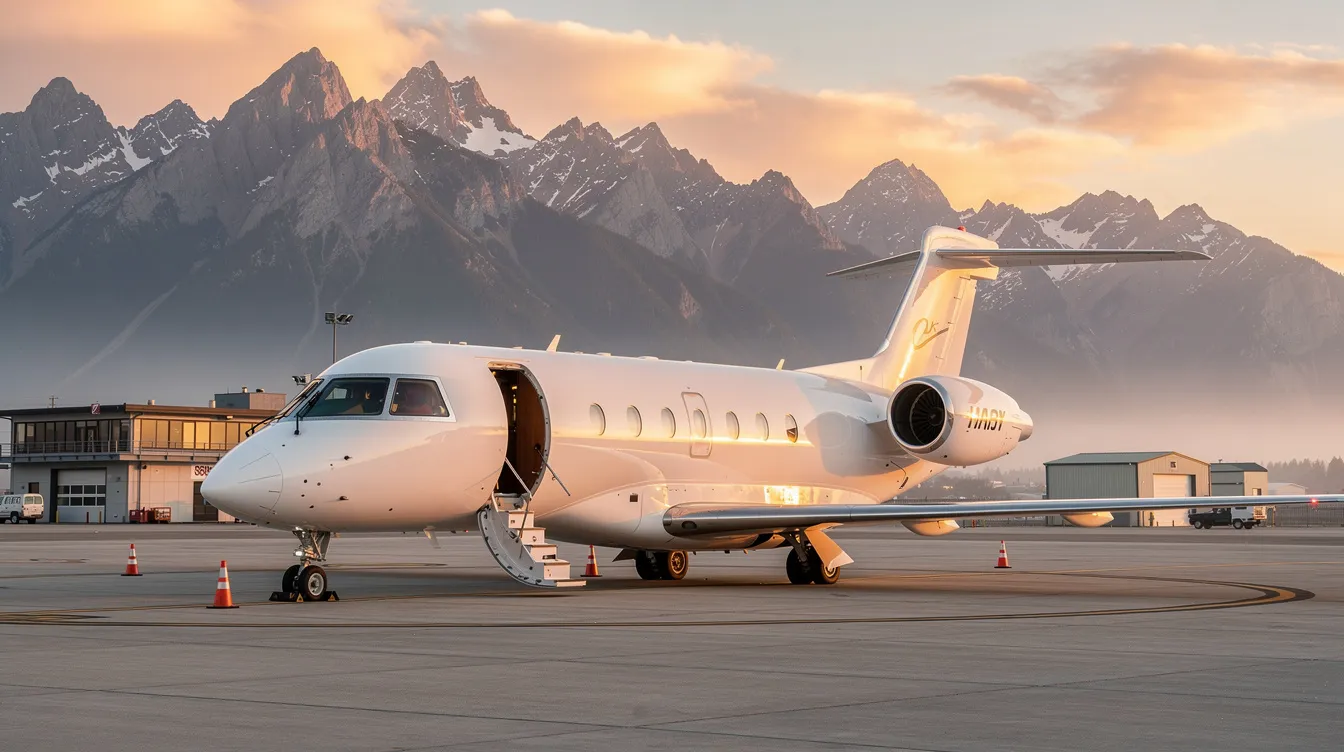 A sleek HondaJet is parked on the tarmac of a small regional airport, with majestic mountains in the background. This next-generation business jet features a spacious cabin designed for premium comfort, showcasing Honda Aircraft Company's commitment to transforming aviation with several category-leading technologies.