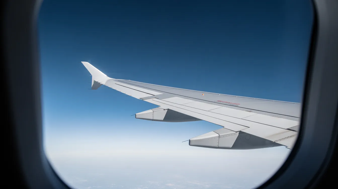 A close-up view of a modern aircraft wing with an extended winglet is captured against a clear blue sky, as seen from a passenger window. This wing, characteristic of the Embraer 175 regional jet, highlights advanced aerodynamics that enhance fuel efficiency and support the aircraft's operational history in regional carriers like United Express and Delta Connection.