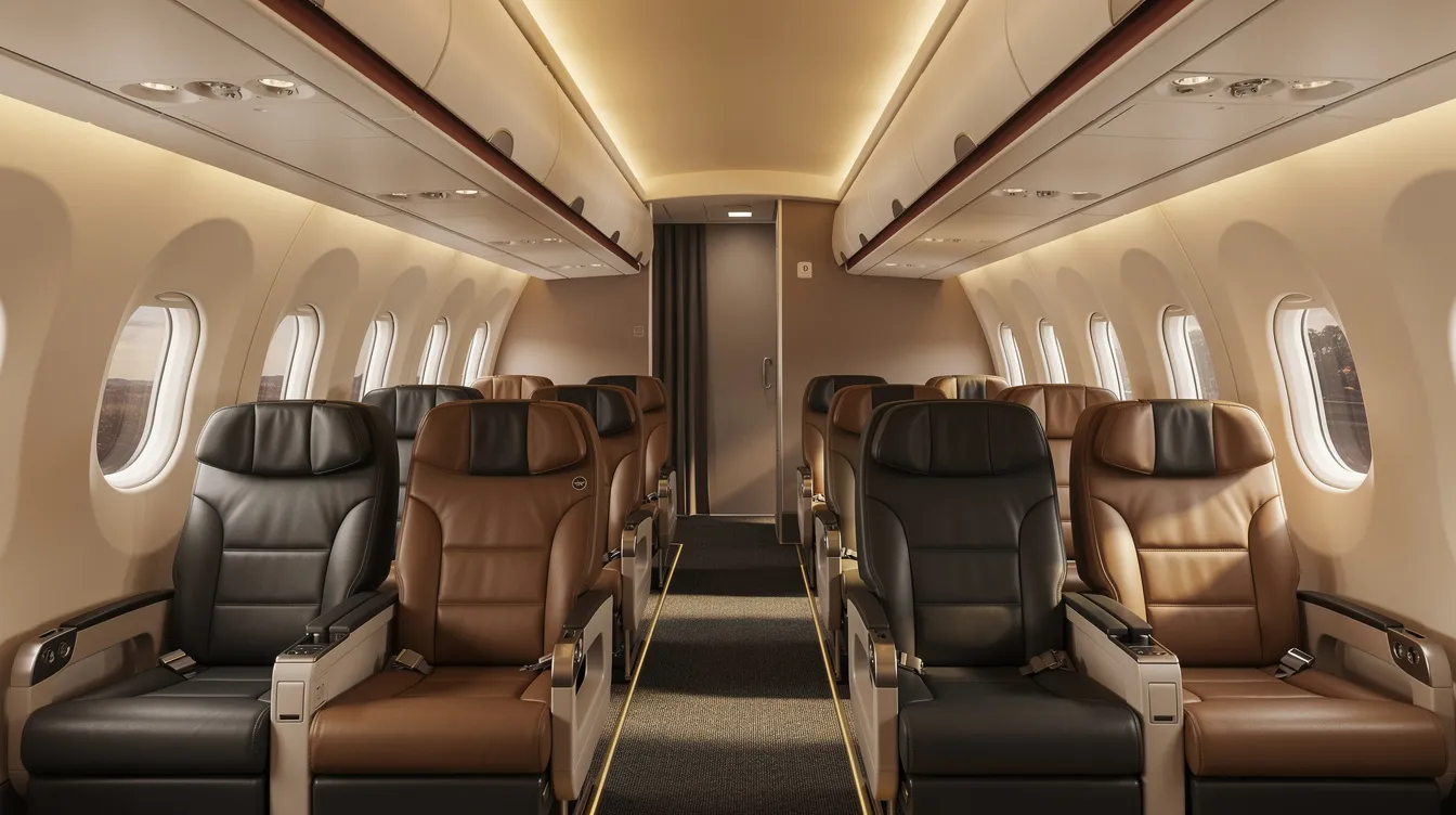 The image depicts the interior of a comfortable regional jet cabin featuring rows of leather seats arranged in a two-by-two configuration, complemented by warm overhead lighting and spacious open overhead bins. This inviting atmosphere is designed to enhance passenger service and comfort during flights operated by airlines like United Express and Delta Connection.