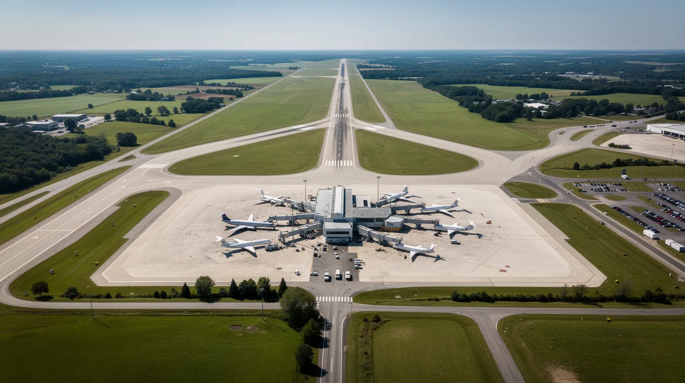 An aerial view captures a busy regional airport, showcasing multiple small jets parked at their gates, with a runway extending into the distance amidst a lush green landscape. This scene highlights the operations of regional carriers like United Express and Delta Connection, emphasizing the importance of these smaller jets in connecting passengers to major hubs.