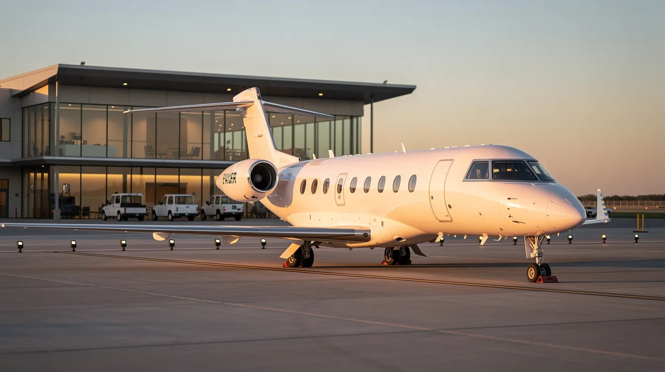 A sleek midsize private jet is parked on a tarmac during golden hour, with a modern Fixed Base Operator (FBO) terminal in the background, symbolizing the vital role of volunteer pilots in providing free air transportation for patients seeking medical care. The warm lighting enhances the scene, highlighting the importance of accessible transportation for families in rural communities facing geographical distances to critical healthcare services.