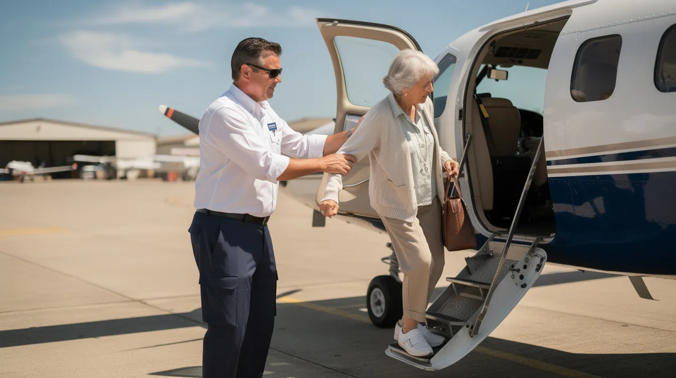 A volunteer pilot wearing sunglasses assists an elderly passenger as they step onto a small light aircraft under the bright sun, highlighting the commitment of volunteer pilots to provide free air transportation for individuals in need of medical care. This scene emphasizes the importance of community support in overcoming geographical distance for patients requiring critical treatment.