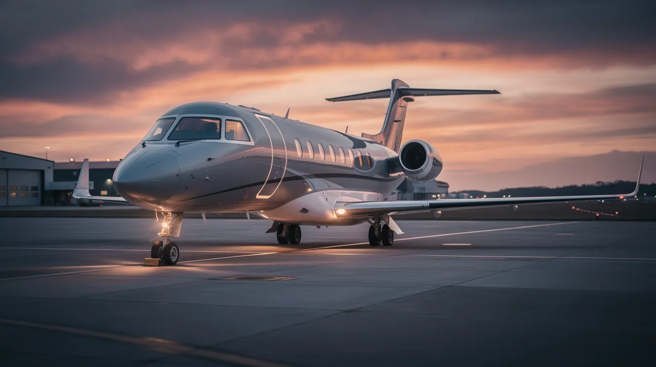 A sleek mid-size private jet is parked on a tarmac, silhouetted against a stunning sunset sky filled with warm orange and purple hues. The aircraft, designed for passenger comfort, showcases modern aerodynamics and engineering resources that enhance its cruise speed and range.