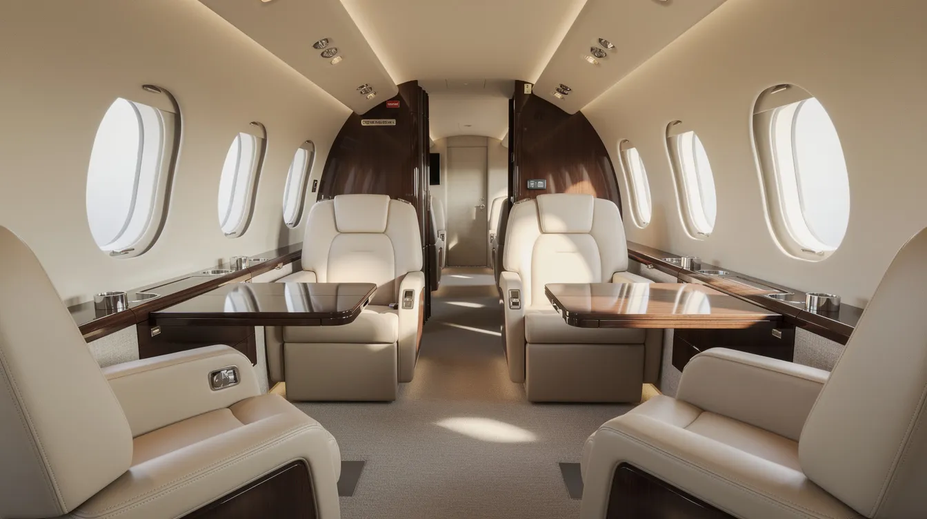 The image shows the interior of a spacious private jet cabin, featuring cream leather seats arranged in a facing layout that allows for conversation, while natural light streams through oval windows, creating an inviting atmosphere for passengers. This luxurious setting exemplifies the comfort and design found in high-end passenger aircraft.