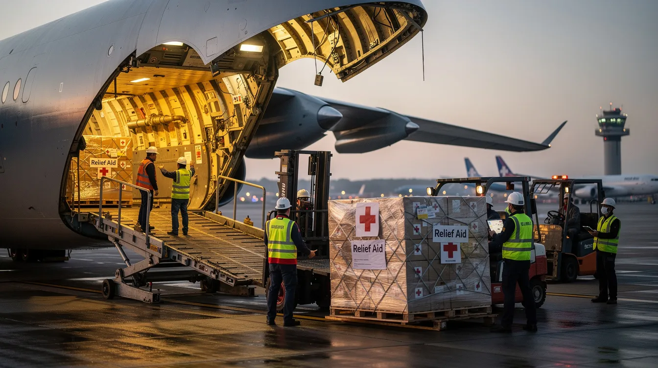 A large cargo aircraft is being loaded with humanitarian relief supplies and crates through its nose, showcasing the efficient loading process typical of air cargo services. This scene highlights the vital role of cargo planes in transporting aid during natural disasters and supply chain disruptions.