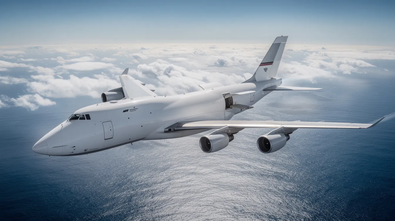 A wide-body freighter aircraft is soaring above the ocean, with fluffy clouds visible beneath it, showcasing its capability for cargo flights and air cargo services. This cargo plane exemplifies the efficiency and versatility of air charter services in global trade and logistics.