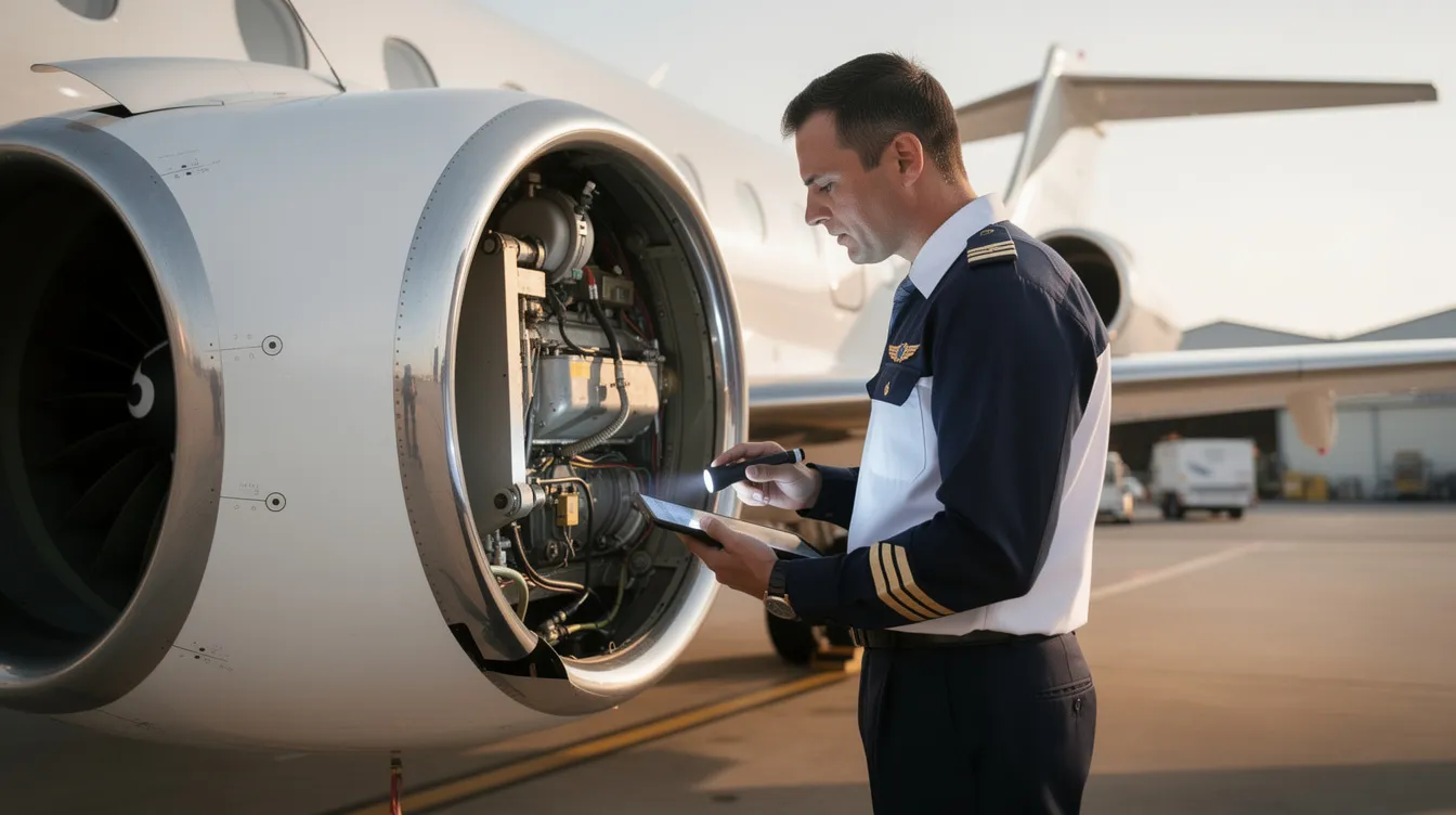 A pilot in uniform is performing a thorough pre-flight check on the engine of a private jet, meticulously inspecting all systems to ensure operational control and regulatory compliance for safety before takeoff. This essential process highlights the importance of maintenance in aircraft performance and the responsibilities of the flight crew.