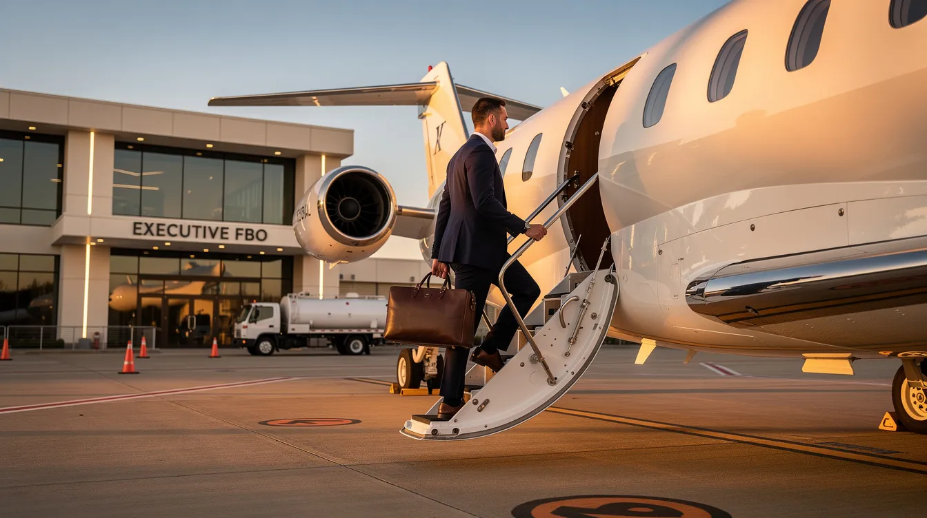 A business traveler is stepping onto a private jet using air stairs at a sleek, modern Fixed Base Operator (FBO) terminal, showcasing the luxurious and efficient travel experience associated with private aircraft. This scene highlights the operational control and convenience that comes with aircraft leases, whether through a wet lease or dry lease agreement.