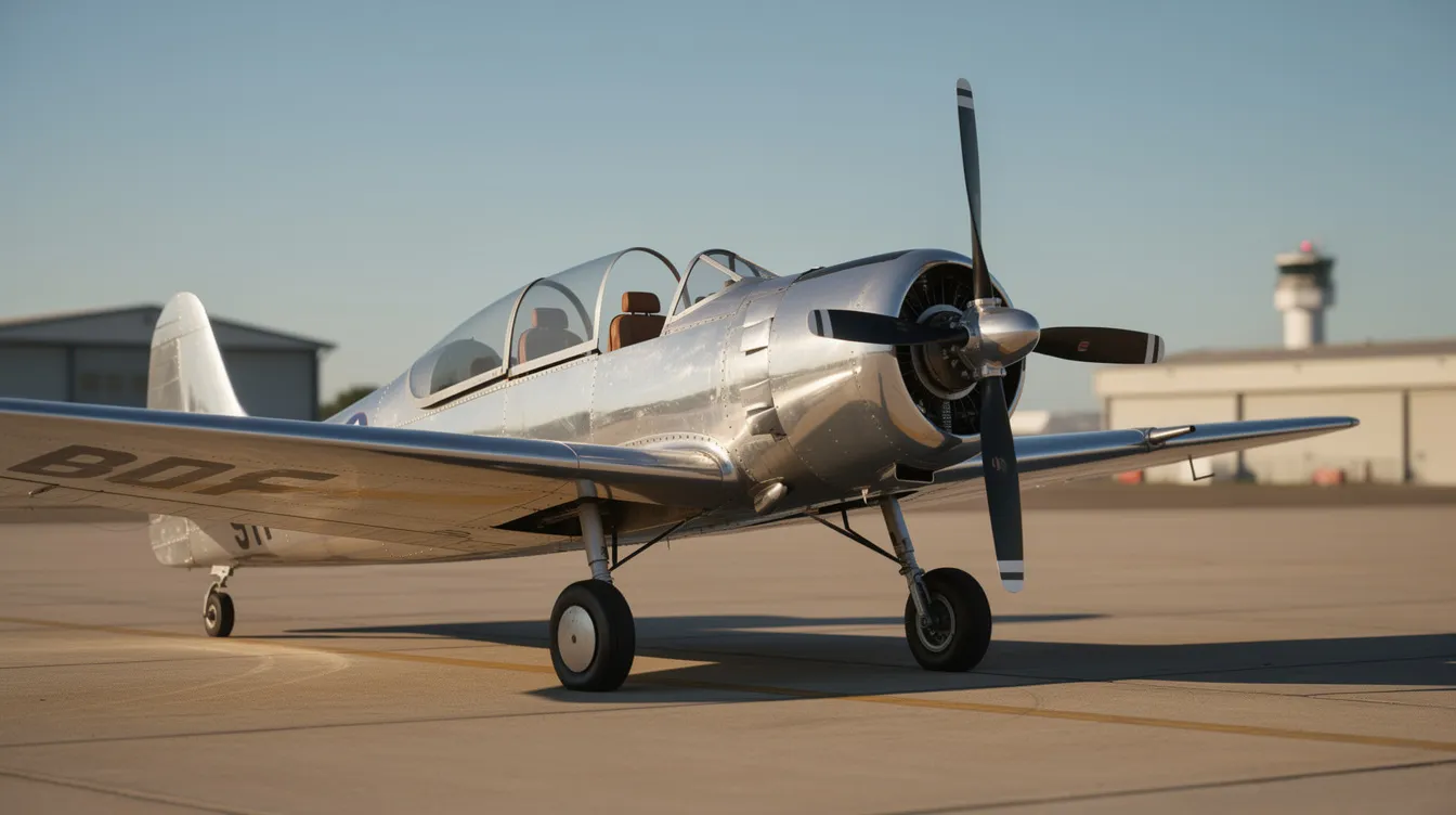 A vintage two-seat propeller airplane with a polished aluminum skin is parked on an airport tarmac under clear blue skies, showcasing its all-metal construction and reliable performance. This single engine aircraft is ideal for flight training and recreational flying, appealing to private owners and flight schools alike.