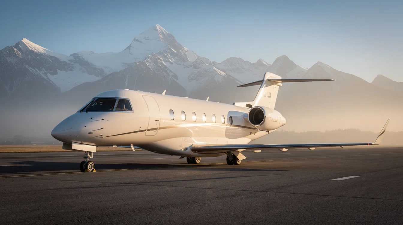 A sleek private jet with a low wing design is parked on a runway, surrounded by snow-capped mountains under a clear blue sky. This modern aircraft, ideal for personal use, showcases advanced avionics and safety features, perfect for recreational flying and flight training.