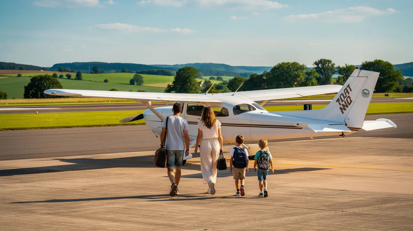 A family is walking toward a high-wing four-seat single engine aircraft at a small regional airport, with lush green countryside visible beyond the runway. This scene captures the essence of recreational flying, highlighting the joy of personal aviation and the accessibility of aircraft for sale.