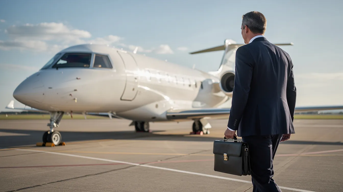 A business executive in a dark suit walks confidently toward a sleek white private jet parked on a private airfield, symbolizing the luxury and efficiency of private aviation. This scene highlights the significance of private jet financing for business executives and private aircraft owners seeking tailored financing options for their aircraft purchases.