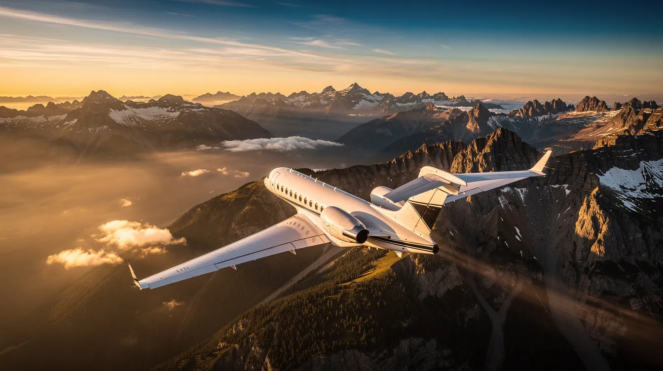 An aerial view captures a private jet soaring above a stunning mountain landscape bathed in golden hour light, showcasing the beauty of private aviation. This scene highlights the allure of private aircraft ownership and the potential for tailored financing options to facilitate aircraft purchases.