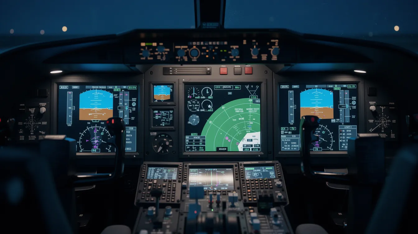 The image features a modern helicopter glass cockpit, showcasing large digital displays that emit a calming blue and green light. This advanced cockpit design is typical of aircraft like the Bell 429 GlobalRanger, equipped for instrument flight rules (IFR) with a three-axis autopilot and essential flight instruments.