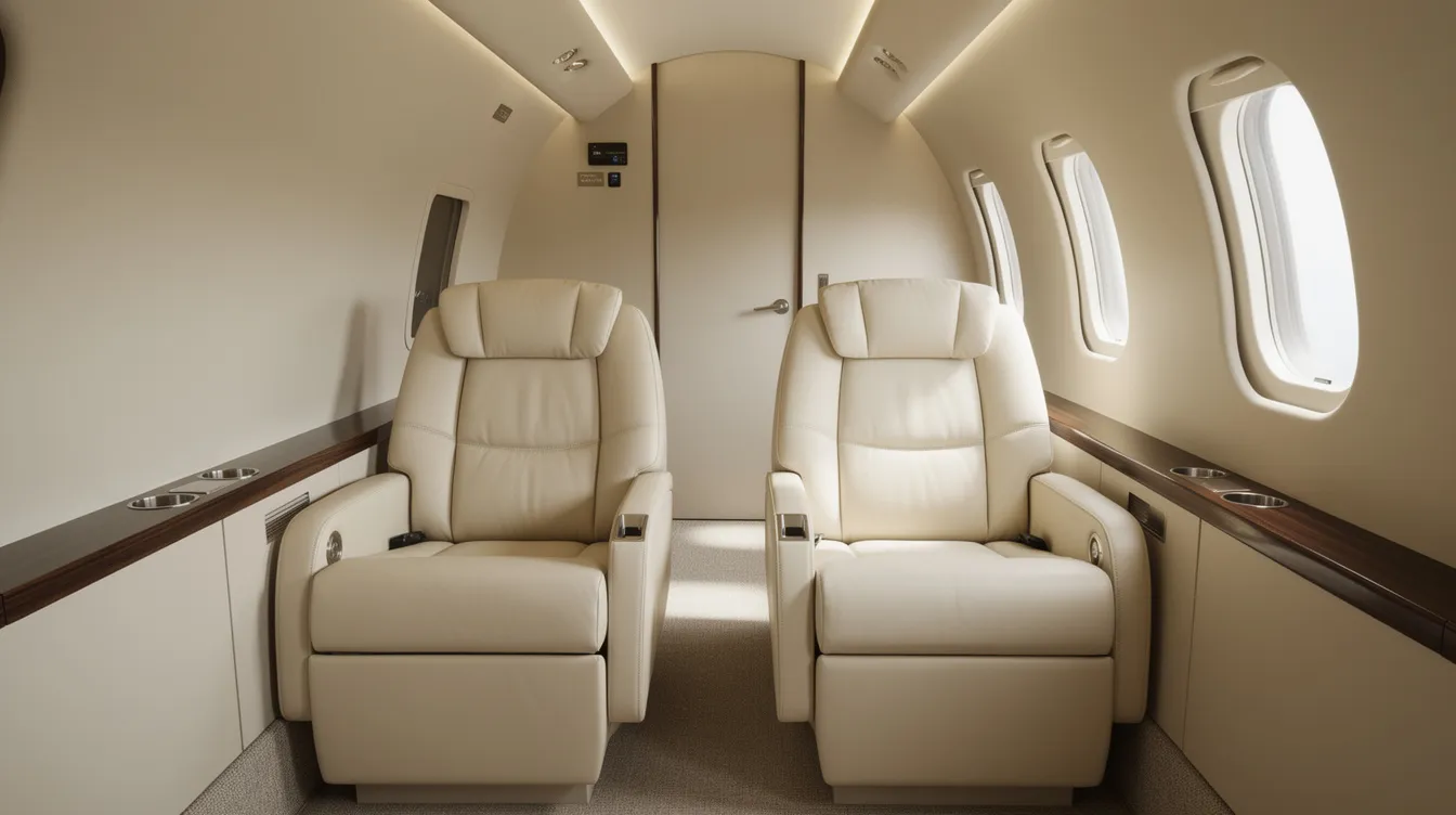 The image depicts the interior of a small private jet cabin featuring cream leather club seats arranged to face each other, providing a comfortable space for passengers. This setup is typical for light jets like the Honda Jet, known for their fuel efficiency and luxurious interiors.