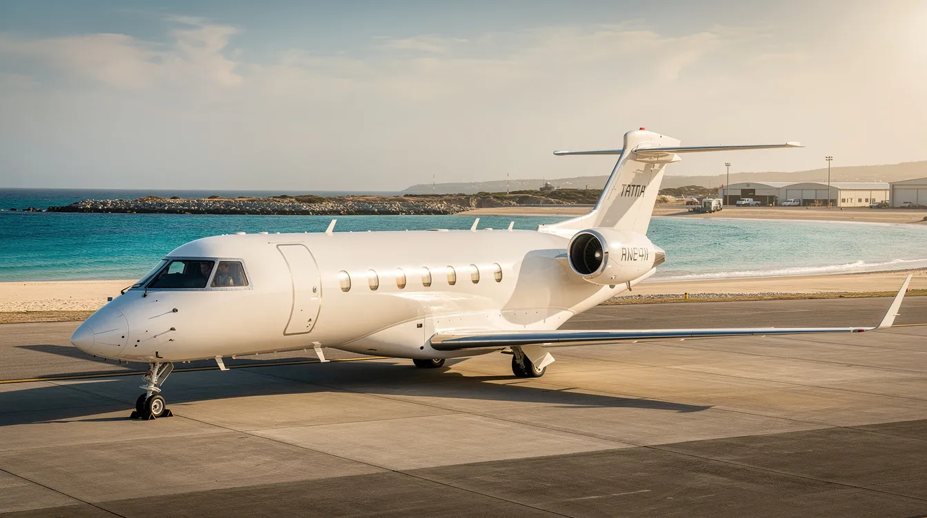 A sleek HondaJet, specifically the HA-420 model, is parked on a tarmac at a coastal airport, with stunning turquoise waters visible in the background. This very light jet is known for its fuel efficiency and spacious cabin, making it an ideal choice for charter flights.