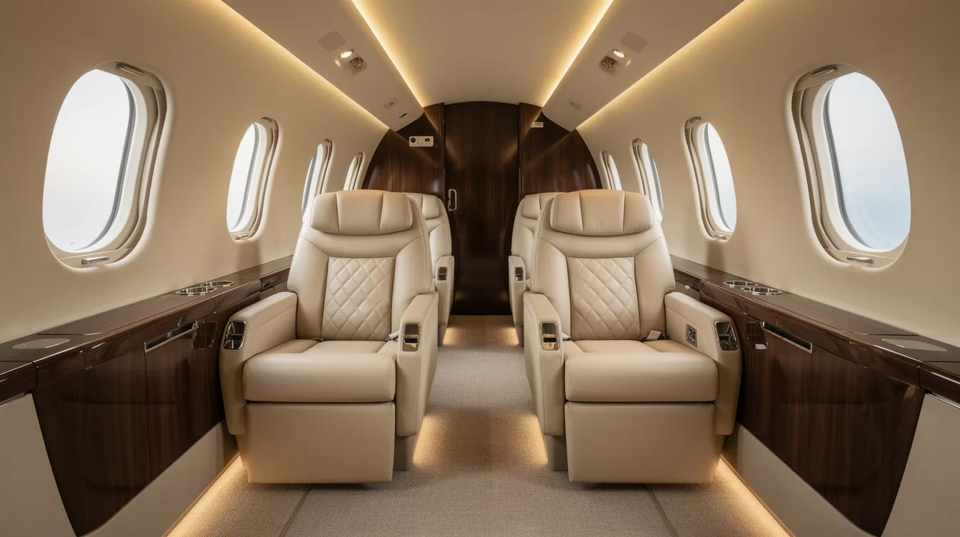 The image showcases a luxurious private jet cabin interior featuring cream leather lie-flat seats and ambient lighting, designed for comfort during flight. This opulent space reflects the high operating costs associated with aircraft like the Gulfstream G650ER, known for its extended range and maximum cruising speed.