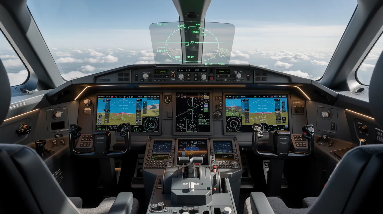 The image depicts a modern business jet cockpit featuring advanced digital glass displays and a heads-up display system, designed for optimal flight management. This high-tech environment is essential for pilots operating aircraft like the Gulfstream G650ER, which is known for its extended range and efficiency in business aviation.