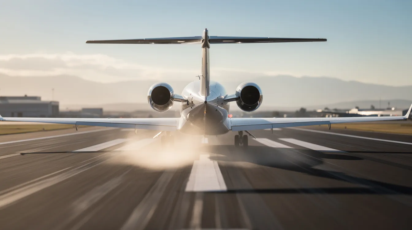 The image captures the view from behind a private jet as it accelerates down a long runway during takeoff, showcasing the powerful turbine engines and the plume of jet fuel vapor trailing behind. The scene emphasizes the impressive performance of the midsize jet as it prepares for flight, highlighting the importance of fuel weight and aviation turbine fuels in achieving optimal takeoff distance.