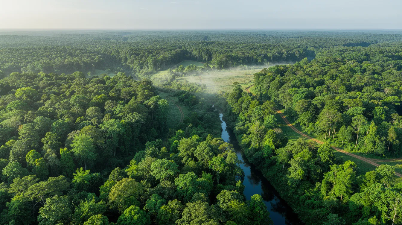 An aerial view of a lush green forest symbolizes environmental conservation and carbon offset efforts, highlighting the importance of sustainable practices in aviation and fuel management. The dense foliage represents nature's resilience, contrasting with the fuel weight calculations and performance metrics essential for turbine powered aircraft.