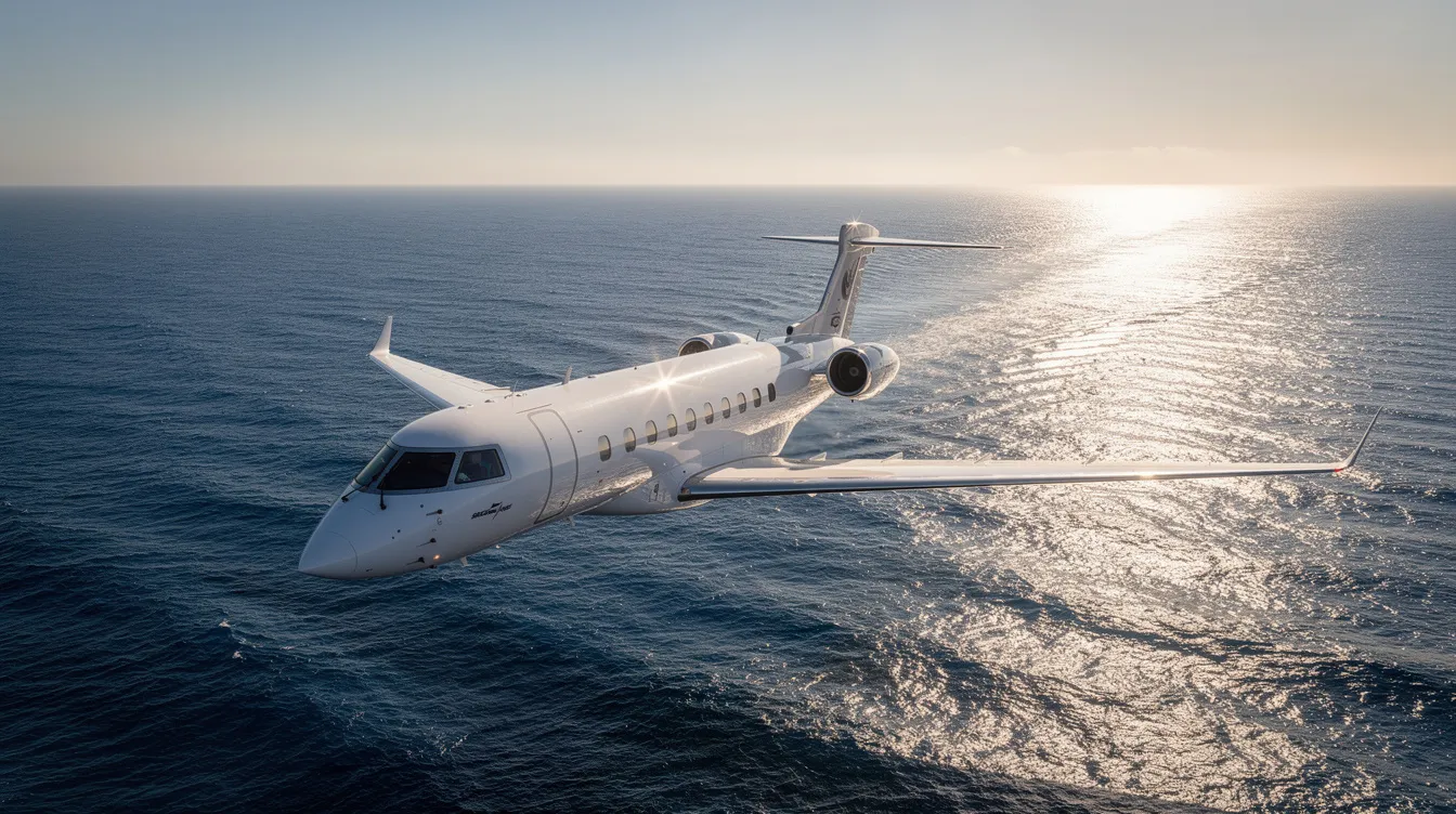 A large private jet soars over the open ocean, with sunlight glistening off the water's surface below, showcasing the beauty of private aviation. This scene highlights the jet's fuel efficiency and its ability to travel long distances while maintaining optimal fuel consumption.