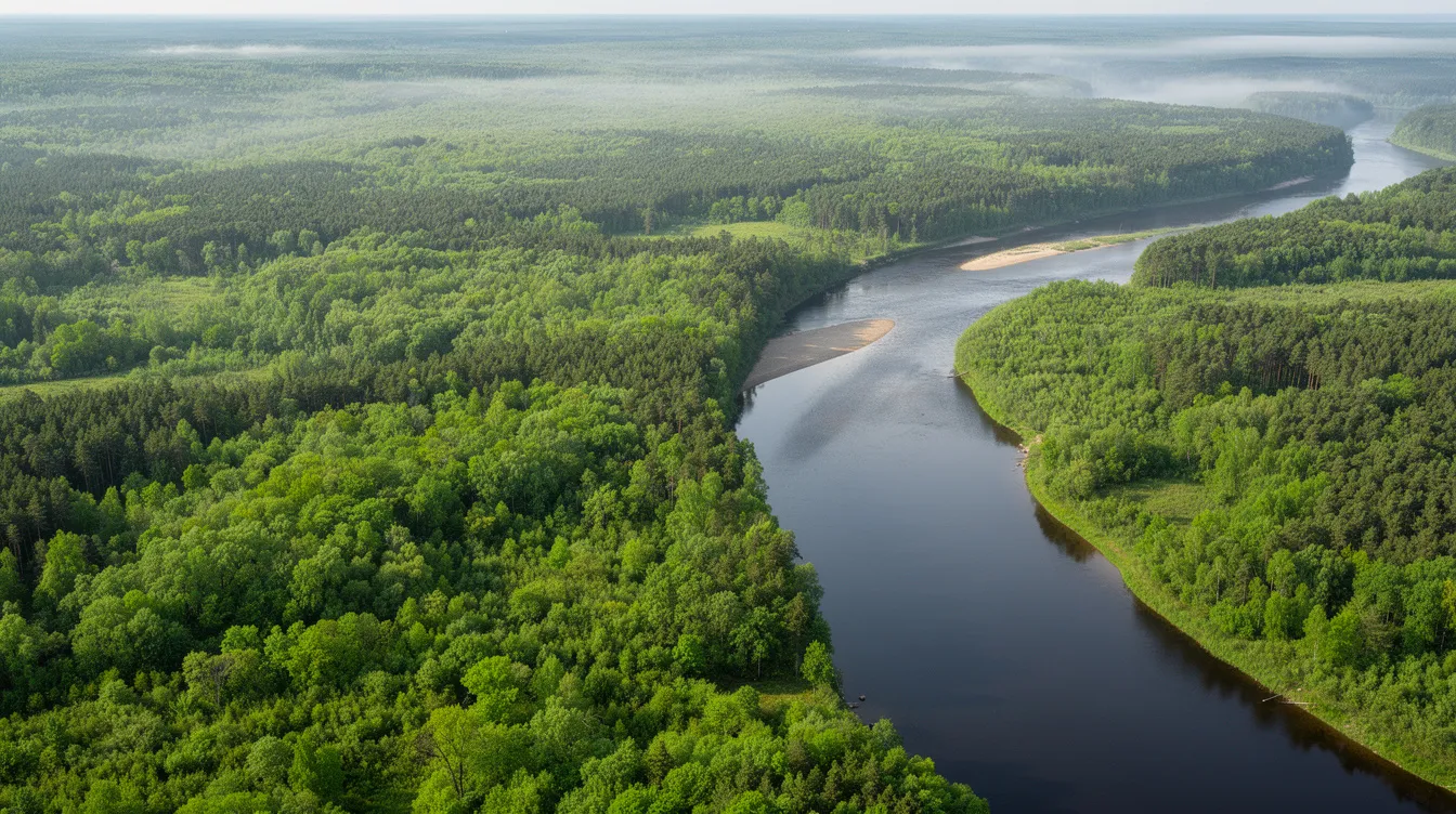 An aerial view showcases a vibrant, lush green forest landscape interspersed with a winding river, highlighting the beauty of nature. This serene scene contrasts with the environmental considerations of private jet fuel consumption, emphasizing the importance of fuel efficiency in aviation.