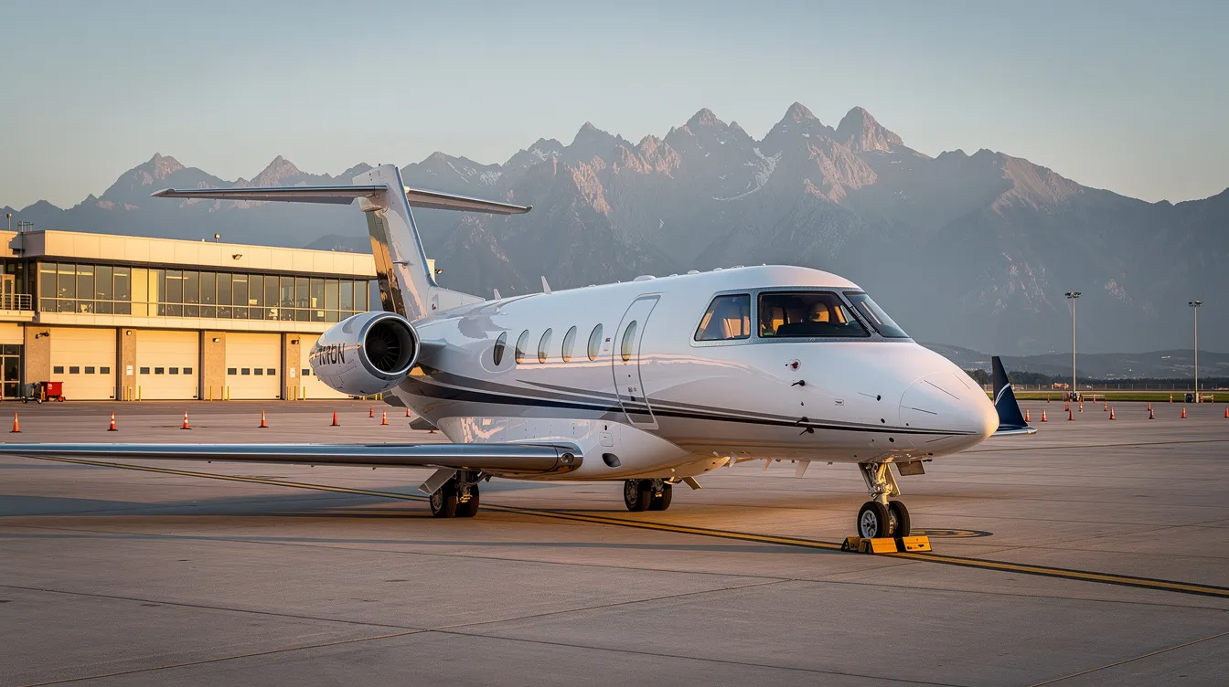 A compact light jet is parked on a private terminal tarmac, with majestic mountains in the background. This fuel-efficient private jet showcases its sleek design, emphasizing the importance of fuel consumption and efficiency in private aviation.