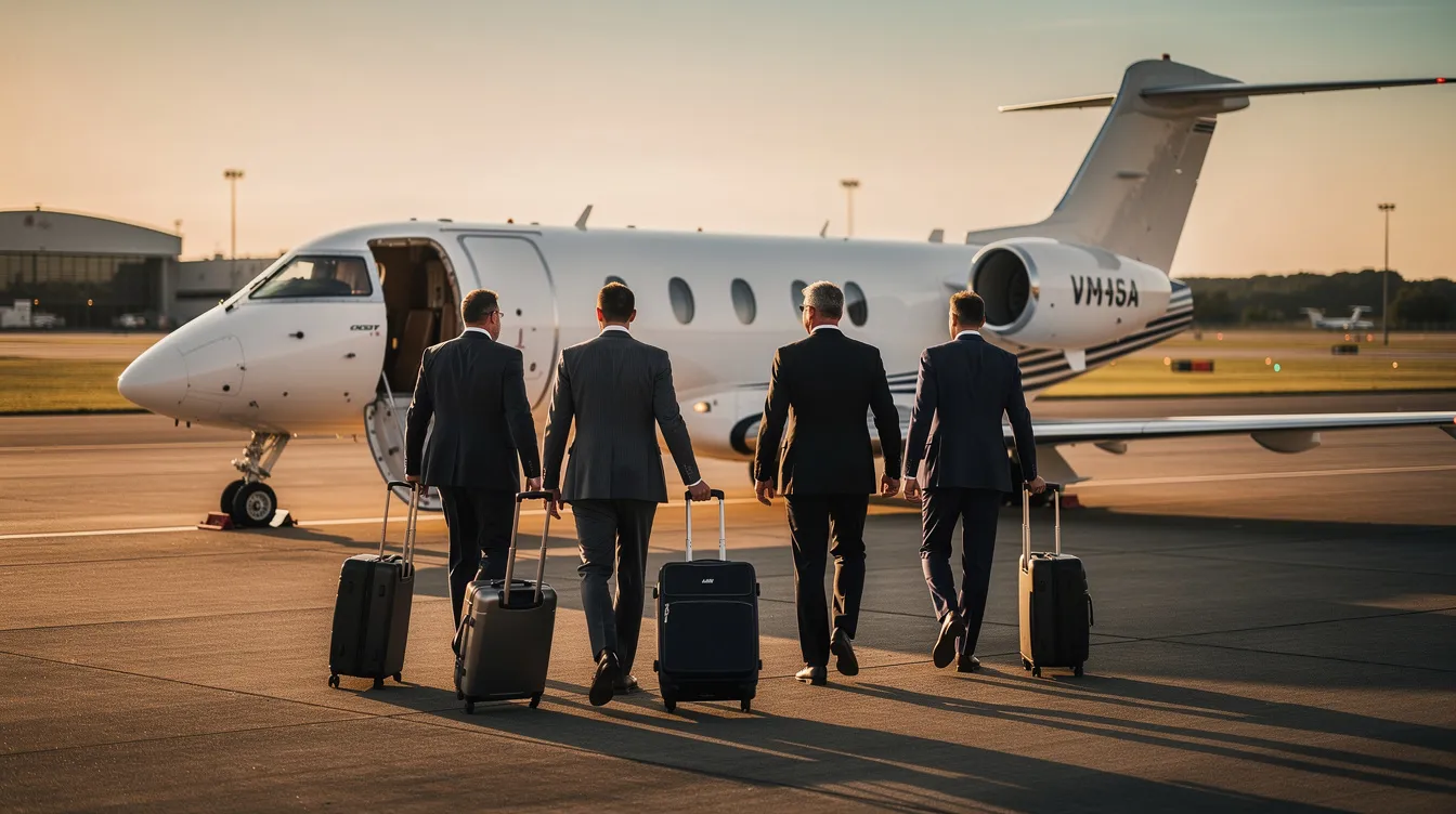 A group of business professionals in suits is walking toward a Bombardier Challenger 300 private jet on a runway, ready for their flight. The sleek aircraft, known for its reliability and modern design, stands as a symbol of luxury and efficiency in the world of super midsize jets.