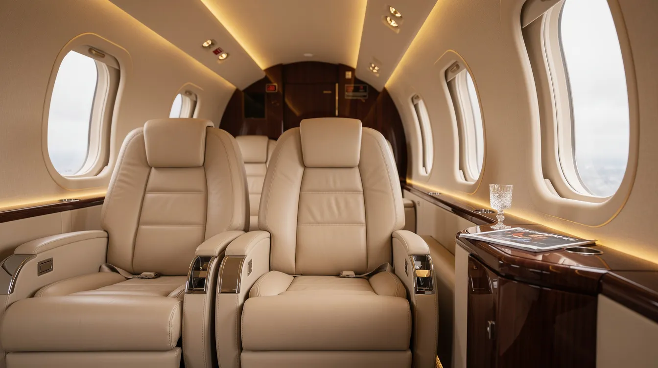 The image showcases a luxurious private jet cabin featuring cream-colored leather seats, elegantly designed with ambient lighting that enhances the sophisticated atmosphere. This interior exemplifies the comfort and style expected in a Bombardier Challenger 300, catering to discerning aircraft owners and their passengers.
