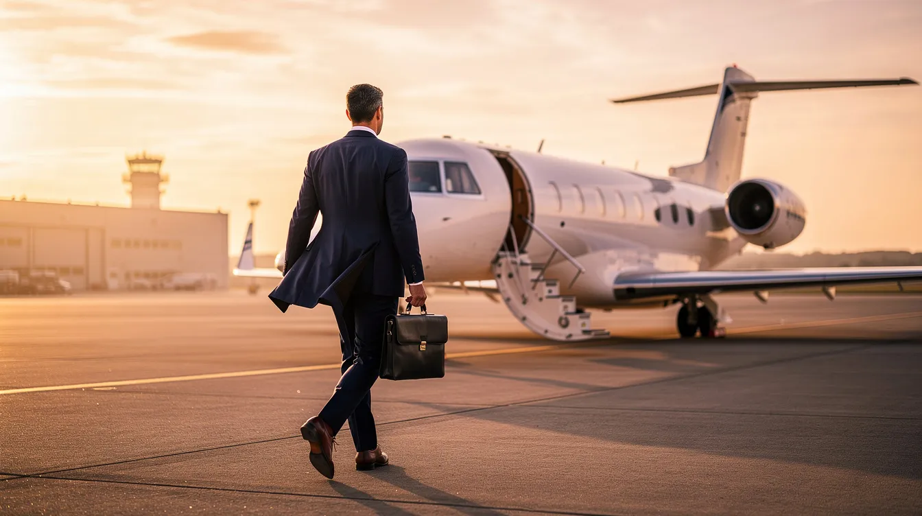 A business executive confidently walks toward a sleek private jet parked on the tarmac during golden hour, embodying the luxury and comfort associated with business class travel. The warm glow of the setting sun highlights the aircraft's polished exterior, suggesting an exclusive experience for business class passengers.