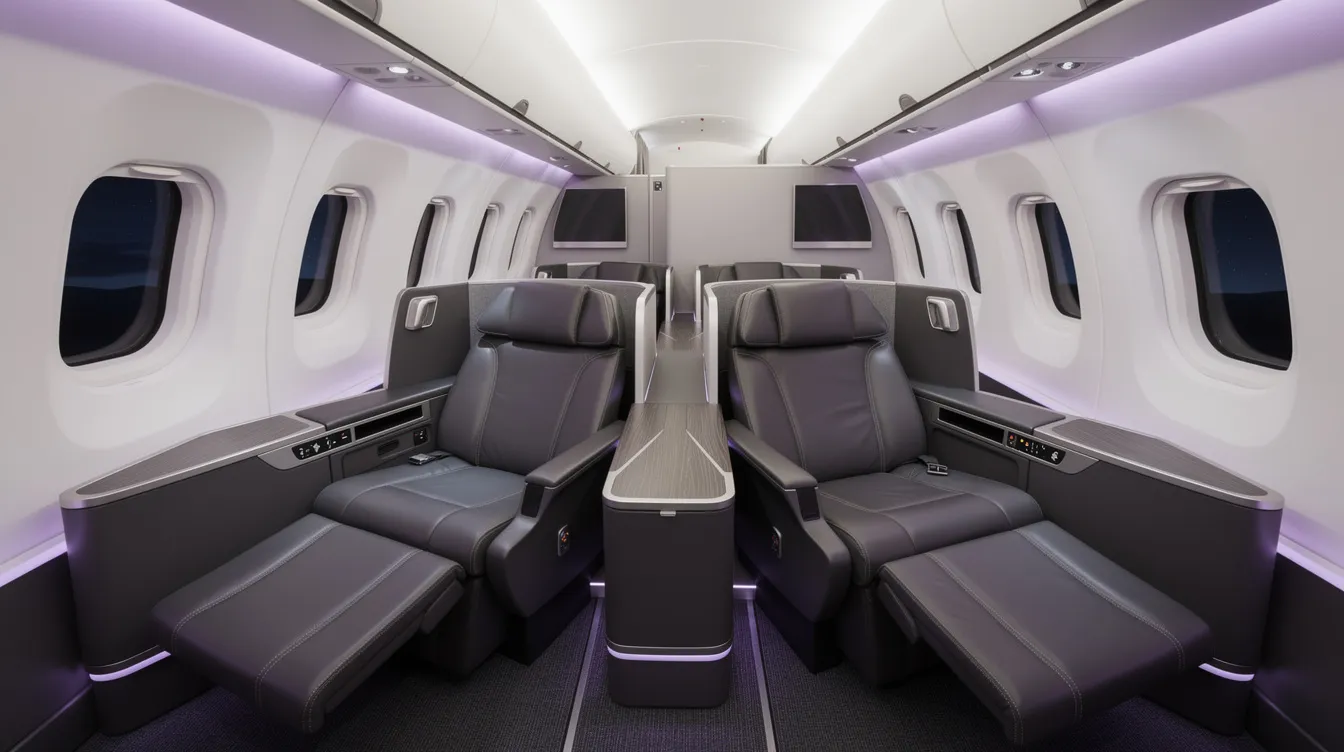 The image depicts the interior of a modern business class cabin on a wide-body aircraft, featuring lie-flat seats arranged in a herringbone pattern with ambient purple lighting, providing a luxurious atmosphere for business class passengers. The fully flat beds offer direct aisle access and enhanced privacy, making it an ideal space for long-haul flights.