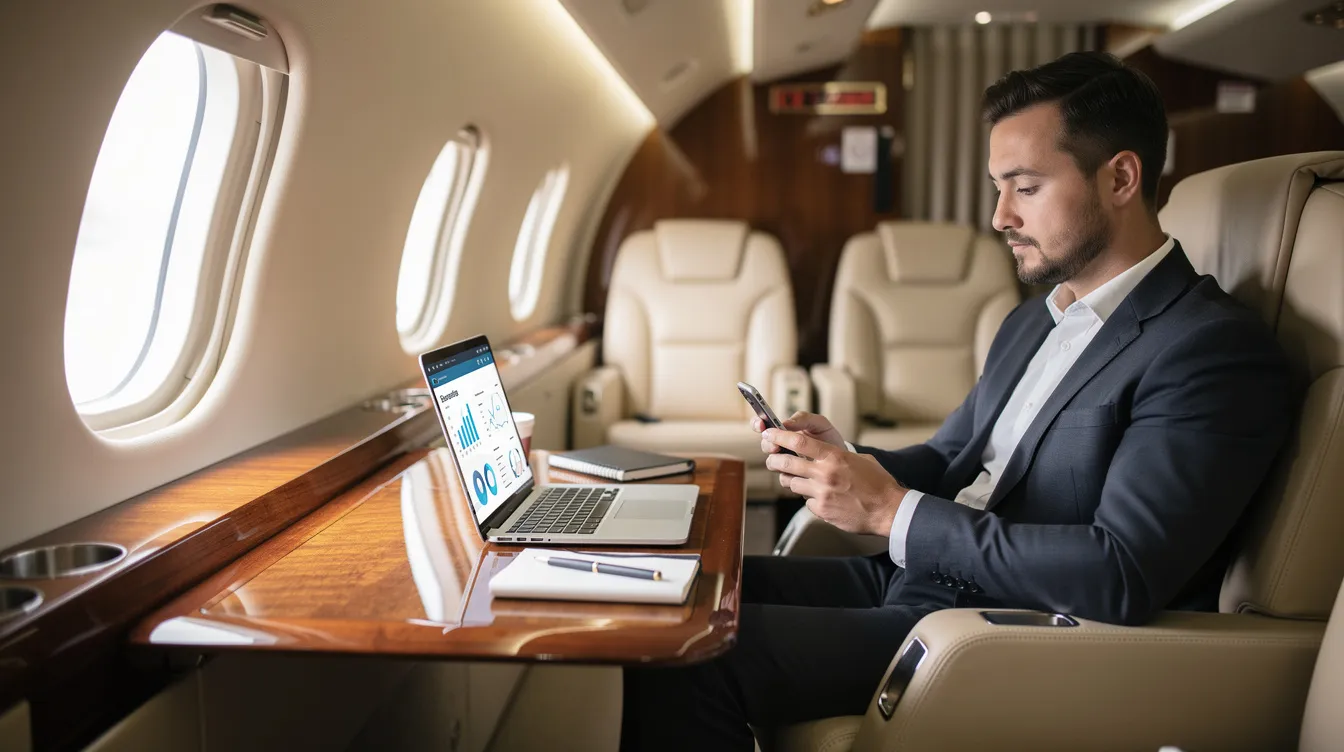 A business traveler is seated in a luxurious private jet cabin, using a smartphone while a laptop is open on the table, showcasing the convenience and efficiency of private aviation for corporate trips. The cabin exudes comfort and sophistication, reflecting the benefits of private jet travel for busy professionals.