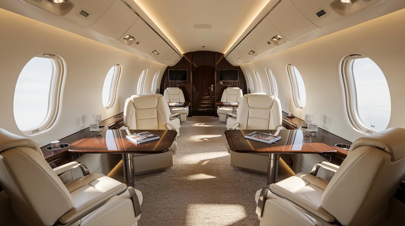 The image showcases the luxurious interior of a large-cabin private jet, featuring plush cream leather seats and elegant wood veneer tables, highlighting the comfort and sophistication expected in private jet travel. This spacious environment offers a perfect setting for both business and leisure trips, emphasizing the benefits of private aviation.