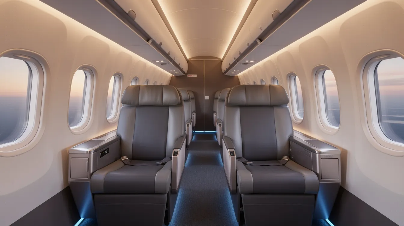 The image depicts the interior of a narrow-body aircraft cabin showcasing lie-flat business class seats arranged in a 2-2 configuration, enhanced by soft ambient lighting, emphasizing the premium service and comfort typical of business class airlines. The layout provides direct aisle access for passengers, creating an inviting atmosphere for a luxurious flying experience.