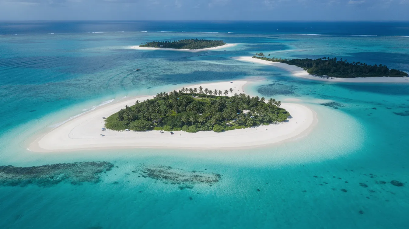 An aerial view showcases stunning tropical islands surrounded by vibrant turquoise waters, with soft white sand beaches visible along the shoreline, creating an idyllic paradise for travelers seeking a premium leisure experience.