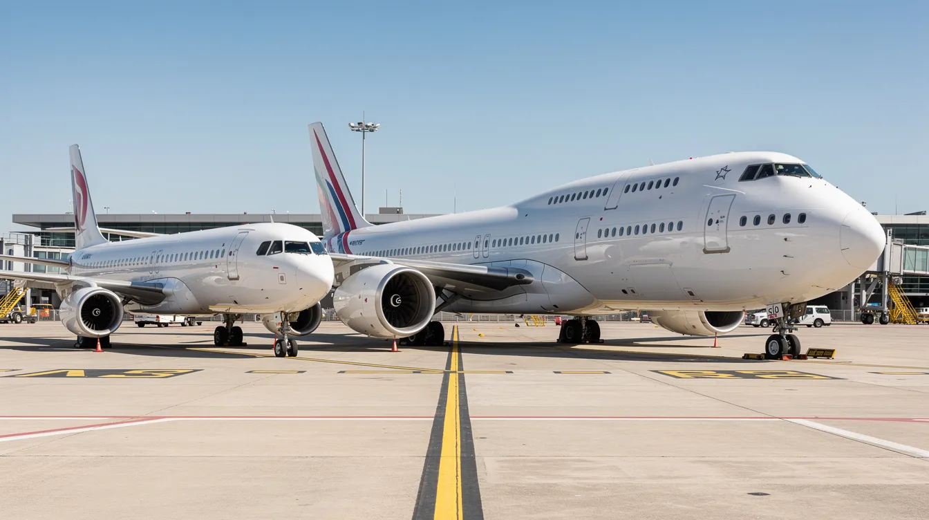 The image shows a side view of a narrow-body commercial jet, such as a Boeing 737 operated by Southwest Airlines, parked next to a larger wide-body aircraft, highlighting the size difference between the two models. This comparison illustrates the variety of commercial aircraft used by major airlines for different flight routes and passenger capacities.